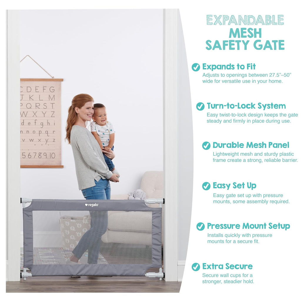 Safety 27.5-50” Extra Wide Mesh Baby Gate for Doorways & Hallways, Expandable Pressure Mounted Baby Gate for Toddlers