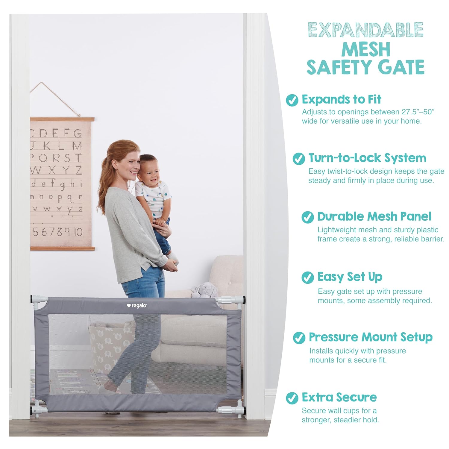 Safety 27.5-50” Extra Wide Mesh Baby Gate for Doorways & Hallways, Expandable Pressure Mounted Baby Gate for Toddlers