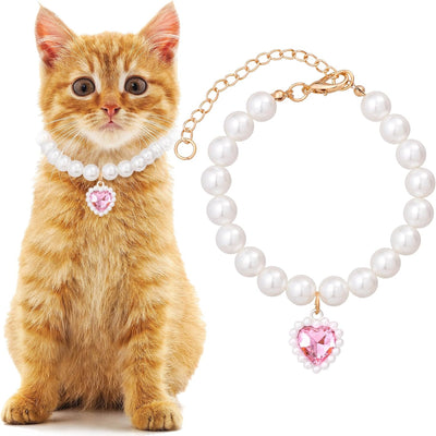 Cat Pearl Collar with Heart Pendant, Cute Pearl Pet Necklace in Medium, Adjustable Wedding Party Small Dog Jewelry