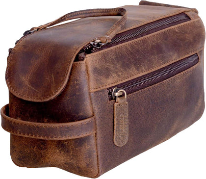 Premium Buffalo Leather Toiletry Bag for Men & Women With Water resistant Lining, Grooming Travel Pouch, Unisex Wash