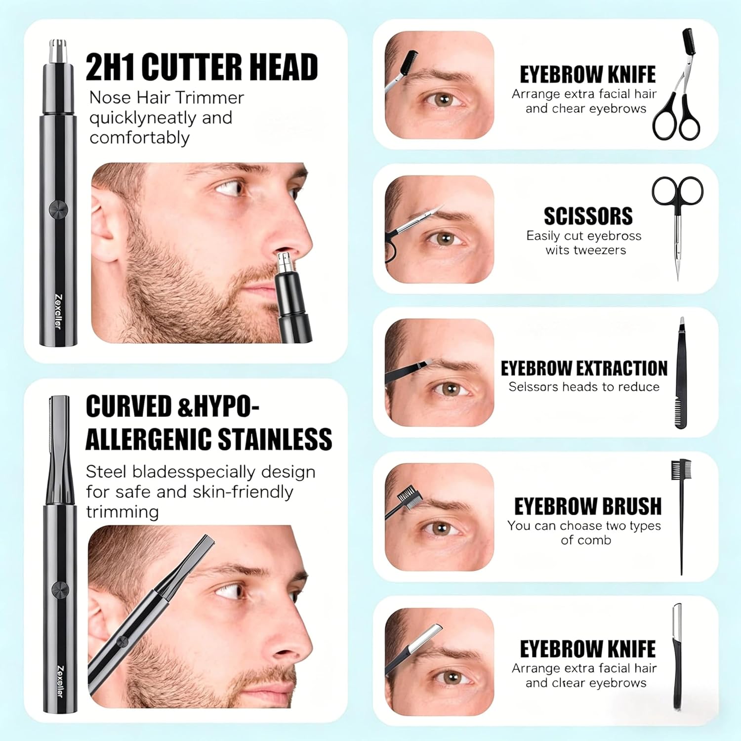Electric Nose Hair Trimmer Eyebrow Trimmer for Men Women, 7-in-1 Painless Facial Grooming Kit, USB Rechargeable IPX7