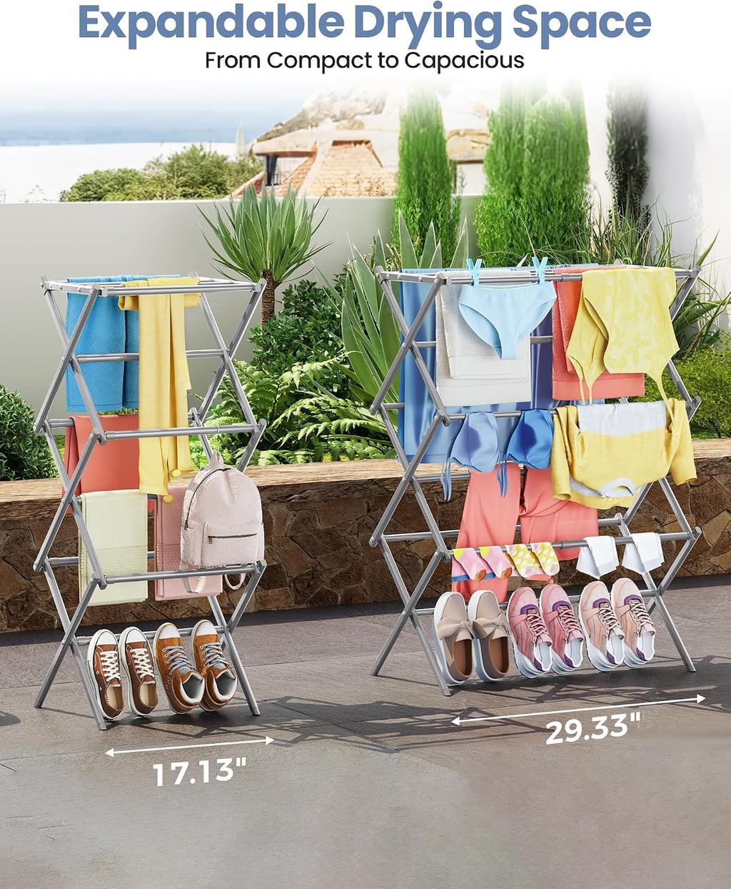 Oversize 3-Tier Clothes Drying Rack, No Install, Grey | Expandable Design, Non-slip feet, Tool-free Setup, Rust