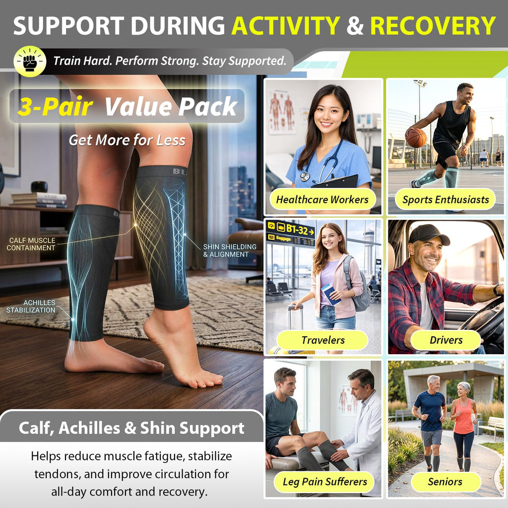 3 Pairs Calf Compression Sleeves for Men and Women. Footless Compression Socks & Leg Support for Running, Travel