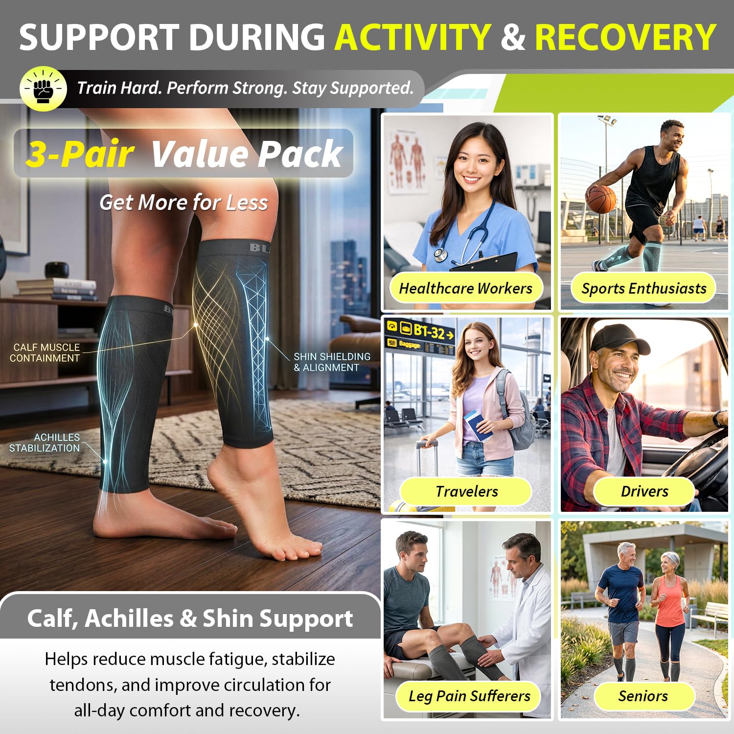 3 Pairs Calf Compression Sleeves for Men and Women. Footless Compression Socks & Leg Support for Running, Travel