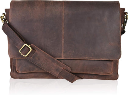 Leather Messenger Bag for Men and Women - Laptop Briefcase Bag For College, Office, Adjustable Shoulder Strap