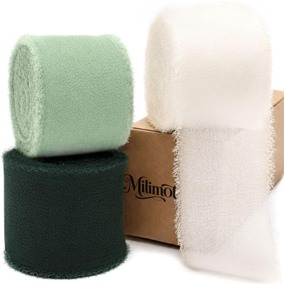 3 Rolls Green Ribbon,Frayed Chiffon Ribbon,1.5 Inch x 24 Yards