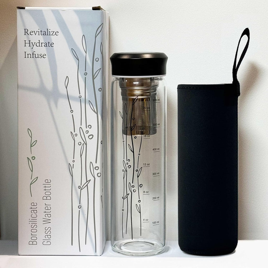 23 oz Glass Water Bottle with Tea Infuser Strainer and Black Stainless Steel Lid - Tea Infuser Bottle