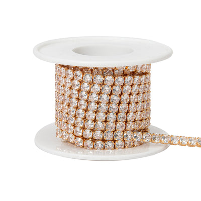 1 Yards Zircon Rhinestones Close Chain Round Beaded Trim for Sewing Craft DIY Decoration（3X3MM Golden Clear）