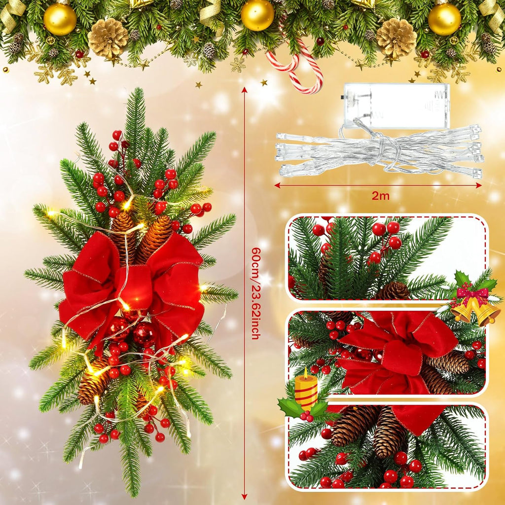3 Pack Artificial Christmas Teardrop Swags 24" Xmas Cordless Prelit Stairway Swag Christmas Garland Stairs Rails
