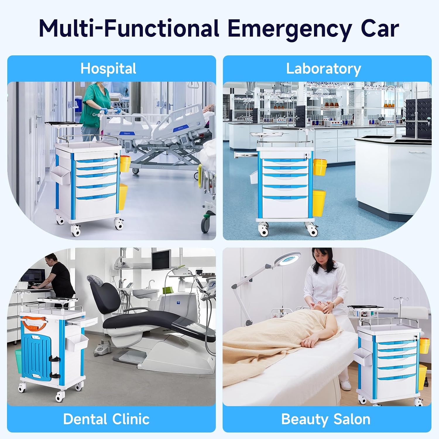 Medical Carts with Wheels, 5-Tier Drawers, Adjustable IV Pole, Silent Casters, Trash Bins, O2 Holder, Needle Disposal