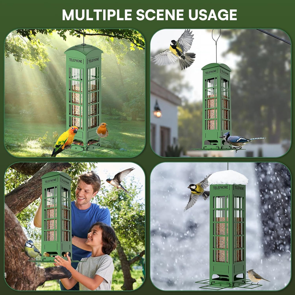 Squirrel Proof Bird Feeder, Heavy Duty Metal Telephone Booth Bird Feeder with Weight Activated Perches, 3 LB Capacity