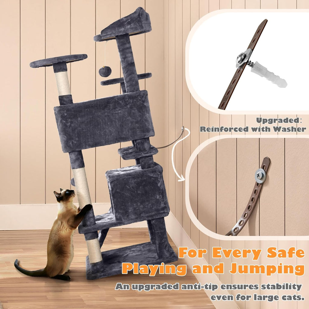Yaheetech 54in Cat Tree, Multi-Level Cat Tower with Spacious Kitten-ear Perch, 2 Cozy Caves, Scratching Posts