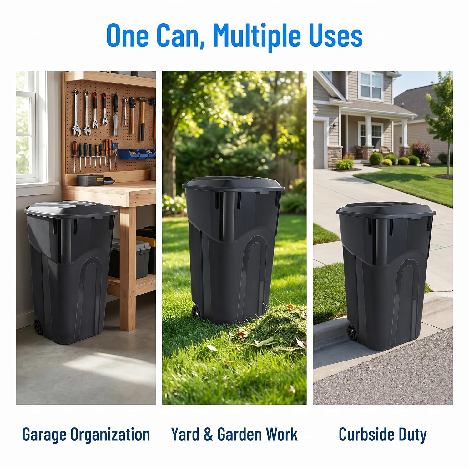 32 Gallon Outdoor Trash Can with Lid and Wheels, Wheeled Garbage Bin, Black | 32 Gallon Outdoor Trash Bin, Wheeled