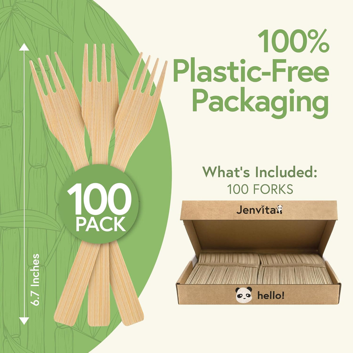 100% Bamboo Forks Set, 100 Pack, Disposable Compostable Cutlery