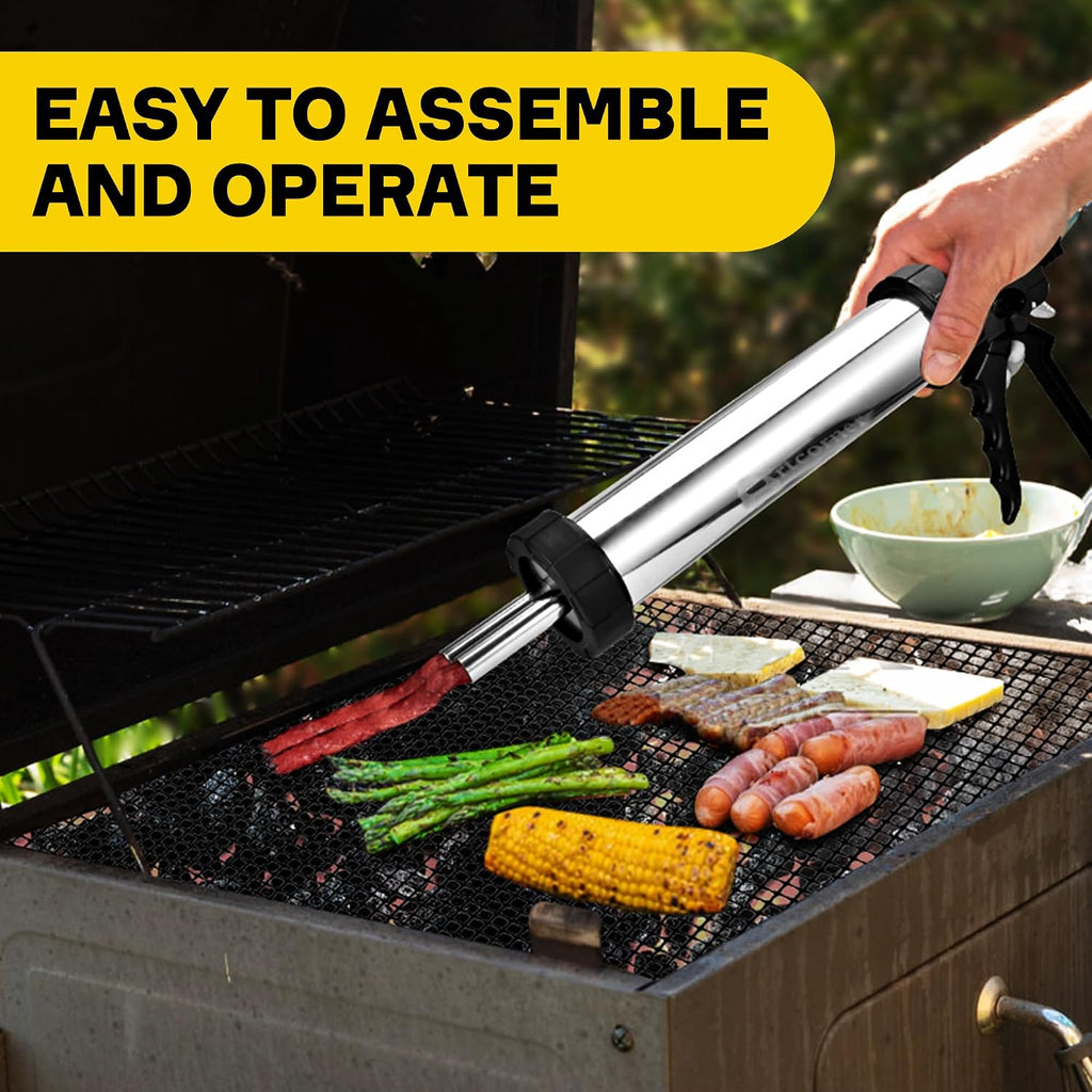 Professional Jerky Gun for Ground Meat | 2.5LB Capacity Jerky Maker Kit with 5 Attachments, 2 Brushes & Storage Net