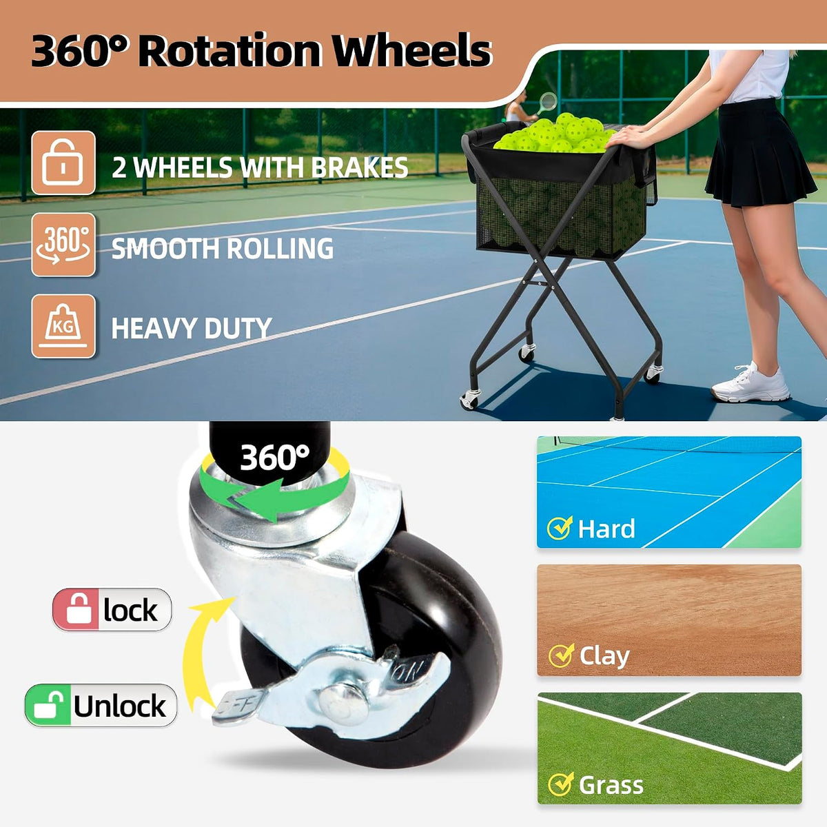 Foldable Tennis Ball Hopper Cart with Removable Ball Bag