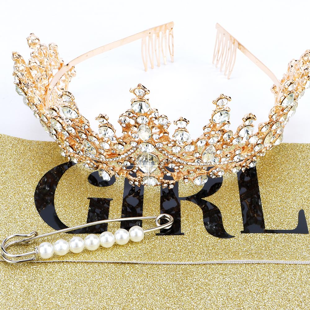 Birthday Crown and Sash Set for Women and Girls - Gold Tiara, Princess Decorations, Birthday Gifts