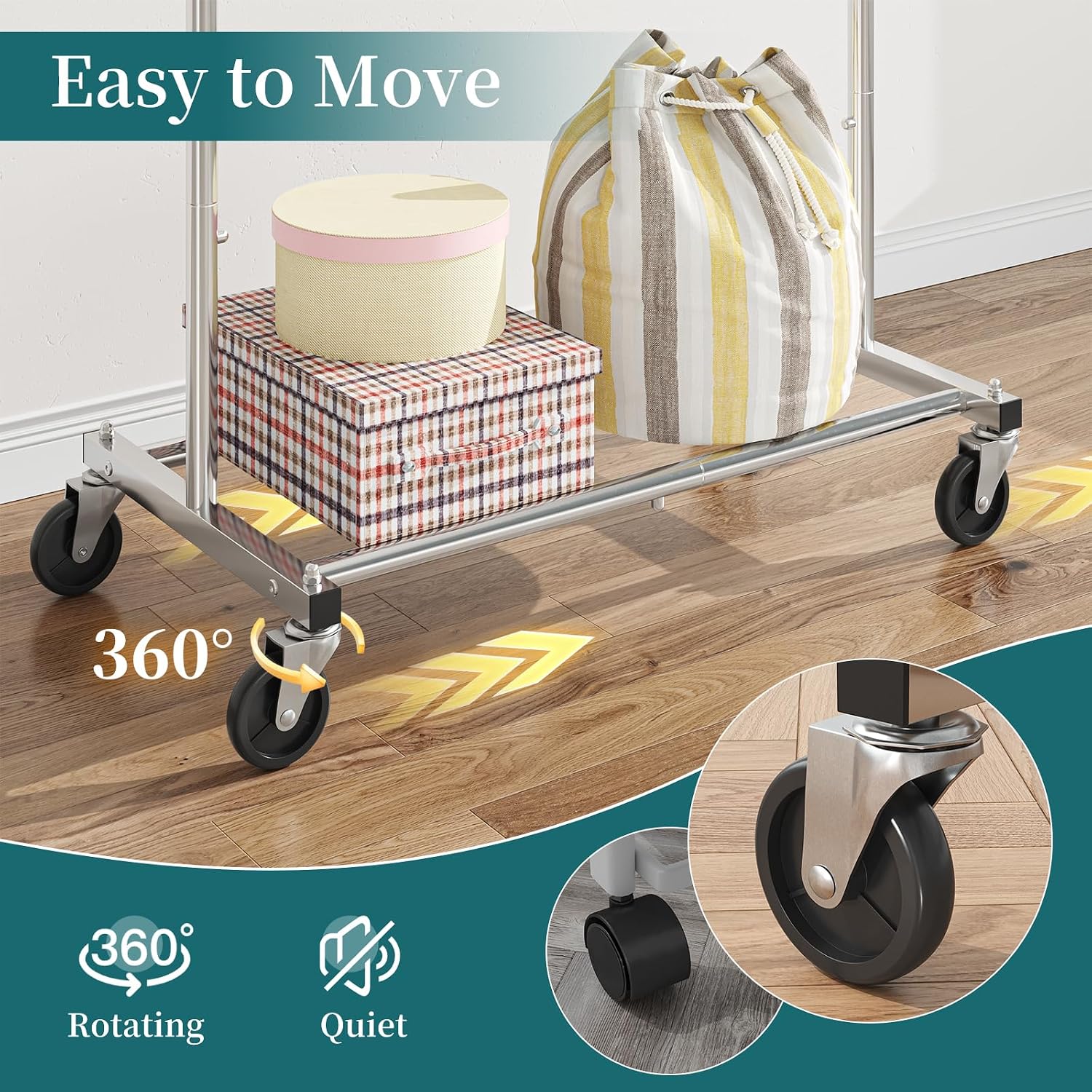 Clothing Garment Rack, Extendable Clothes Organizer, Chrome | Clothes Rack with Bottom Storage Shelf, 360° Wheels