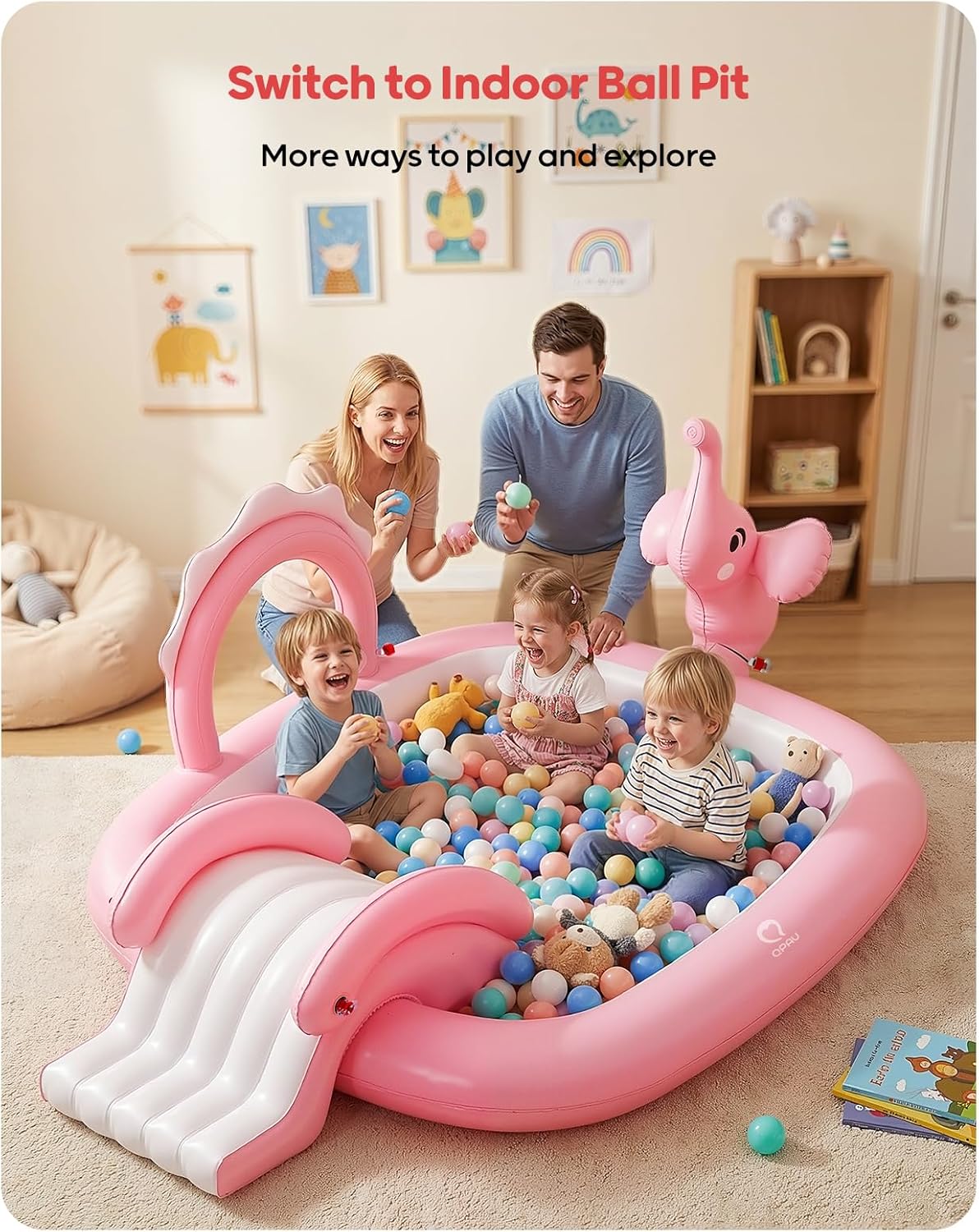 Elephant Kids Pool with Slide and Sprinkler, Inflatable Play Center with 4 Rings, 72 × 64 × 37 in, Fast Inflation