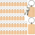 50 Pieces Wood Keychain Blank, Rectangular | Unfinished Laser Engraving Blanks with Key Rings, Keychain Ring Tag Wood