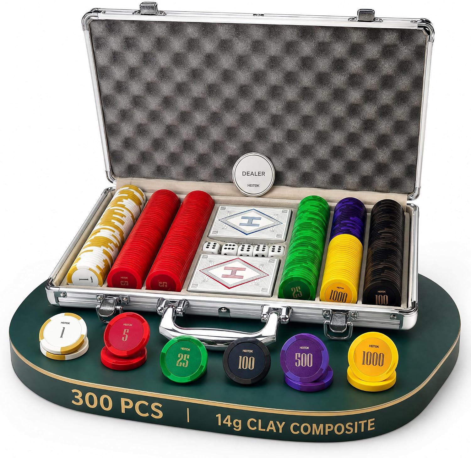 300-Piece 14g Clay Poker Chip Set with Denominations, Texas Hold'em | Numbered poker kit for 2-8 players; clay