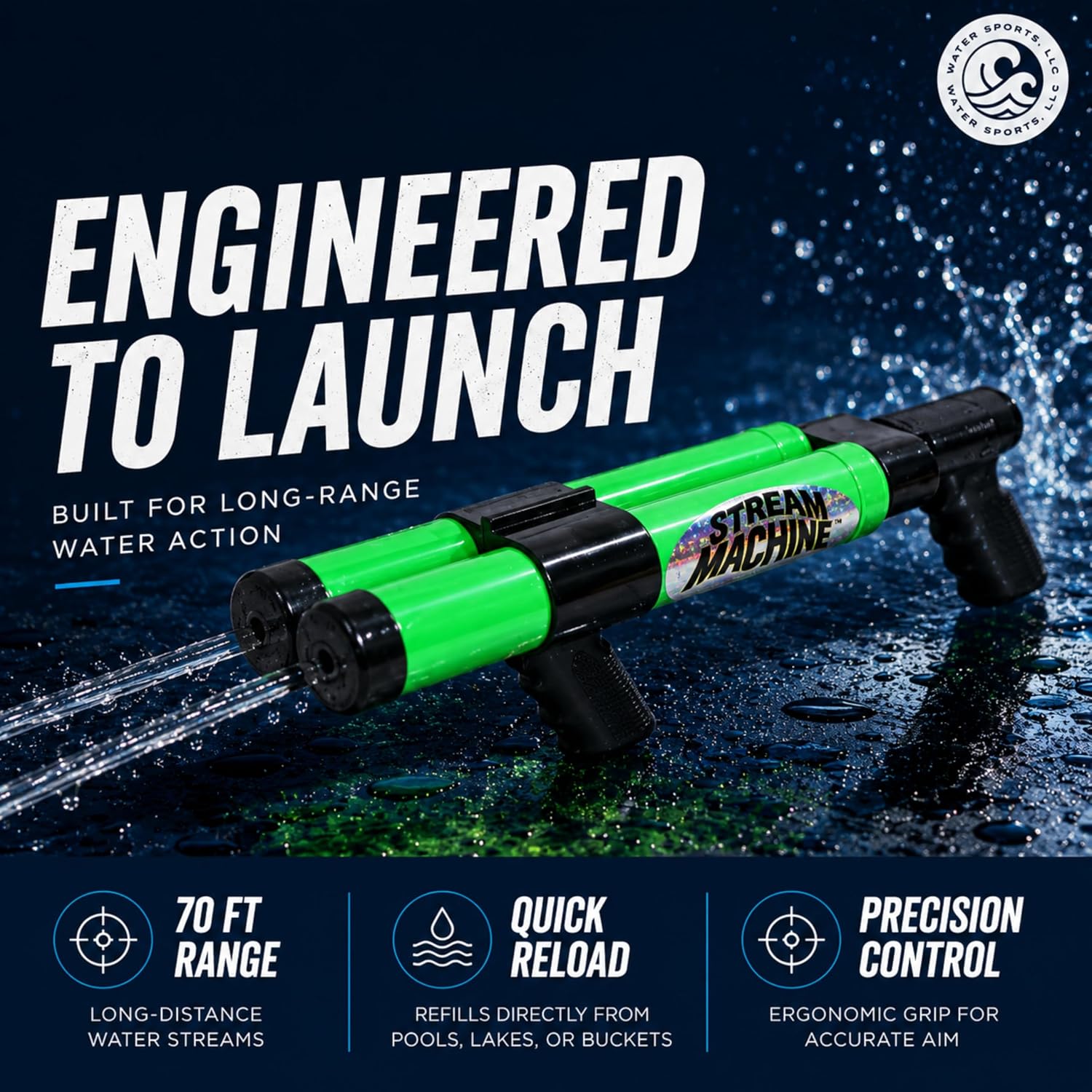 Stream Machine DB-1500 Pack of 1, Double Barrel Long Range Water Launcher | Color Will Vary, Water Gun, Pool Toy