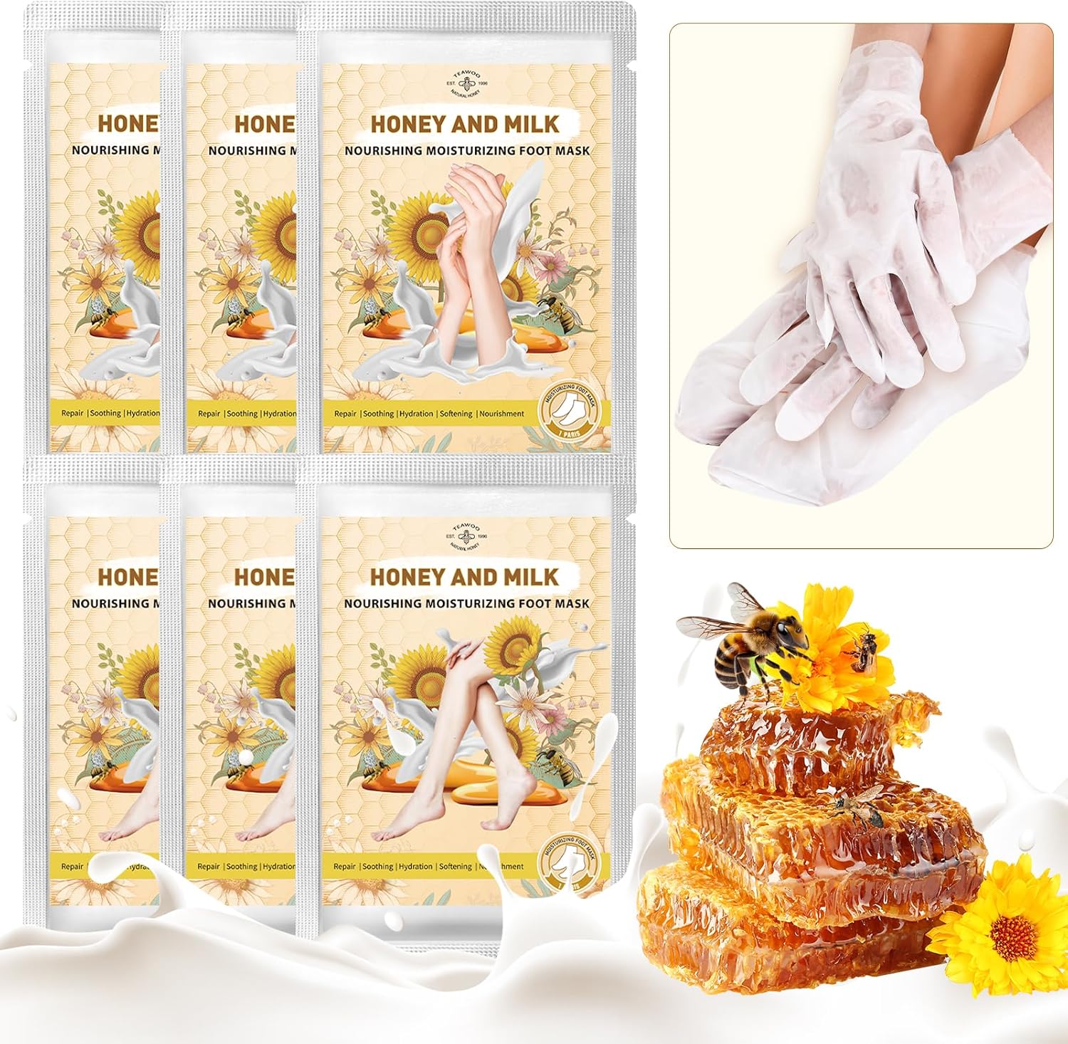 Hydrating Hand and Foot Mask with Honey & Milk, Vitamin E | Moisturizing Socks for Dry, Cracked Heel, Foot Spa, Honey