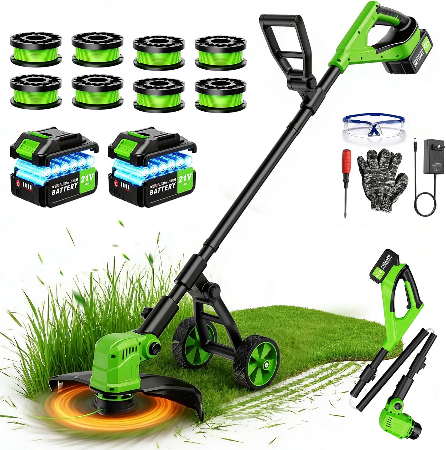 14" Electric String Trimmer Cordless Battery Powered Weed Eater with Wheel, 3-in-1 Cordless Grass Trimmer/Electric