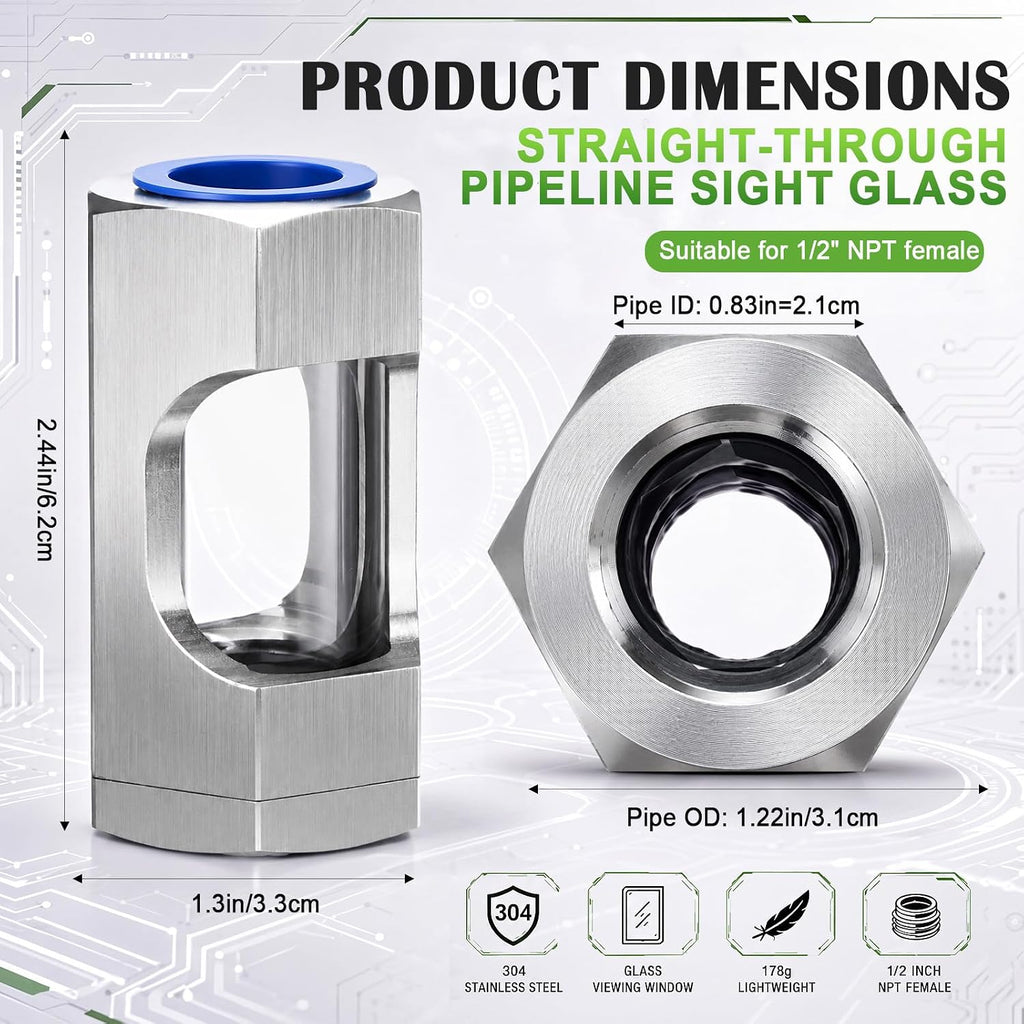 Konohan 1/2" NPT Inline Sight Glass, 304 Stainless Steel Flow Viewer