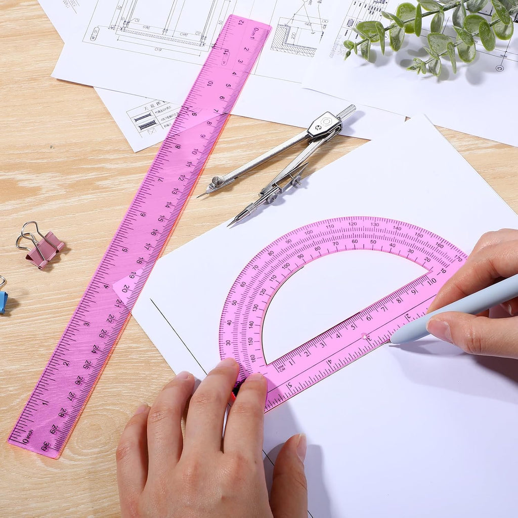 3 Pcs Plastic Ruler 6 Inch Protractor Drawing Compass Set, Student Geometry Math Transparent Measuring Tools for Home