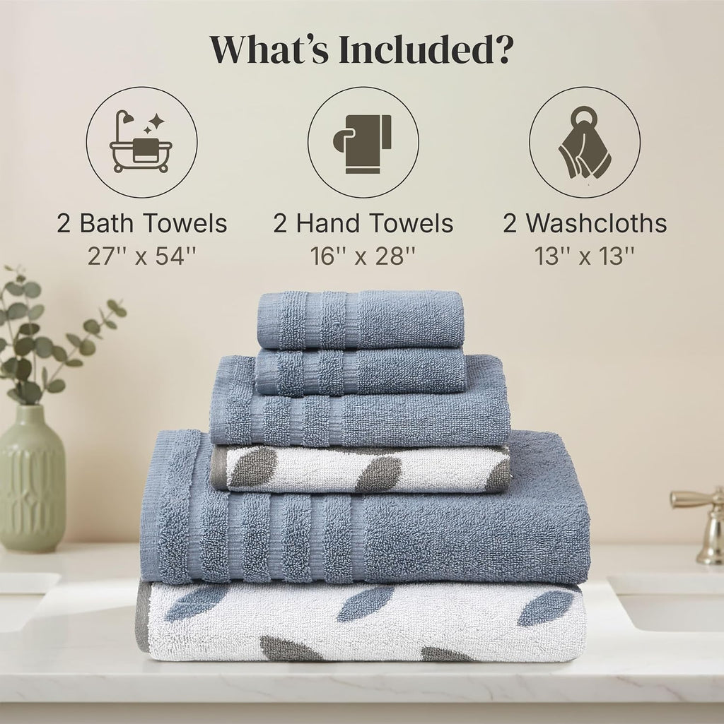 6 Piece Bath Towel Set – Bathroom Set with 2 Bath Towels, 2 Hand Towels, and 2 Wash Cloths – 100% Cotton, Super