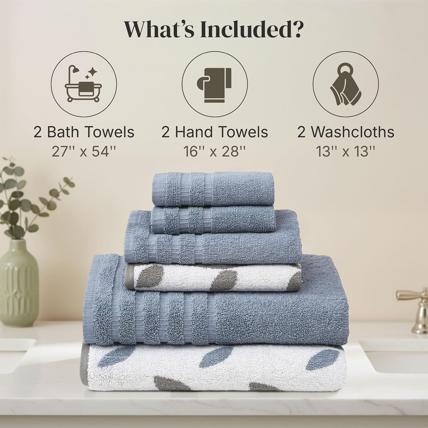 6 Piece Bath Towel Set – Bathroom Set with 2 Bath Towels, 2 Hand Towels, and 2 Wash Cloths – 100% Cotton, Super