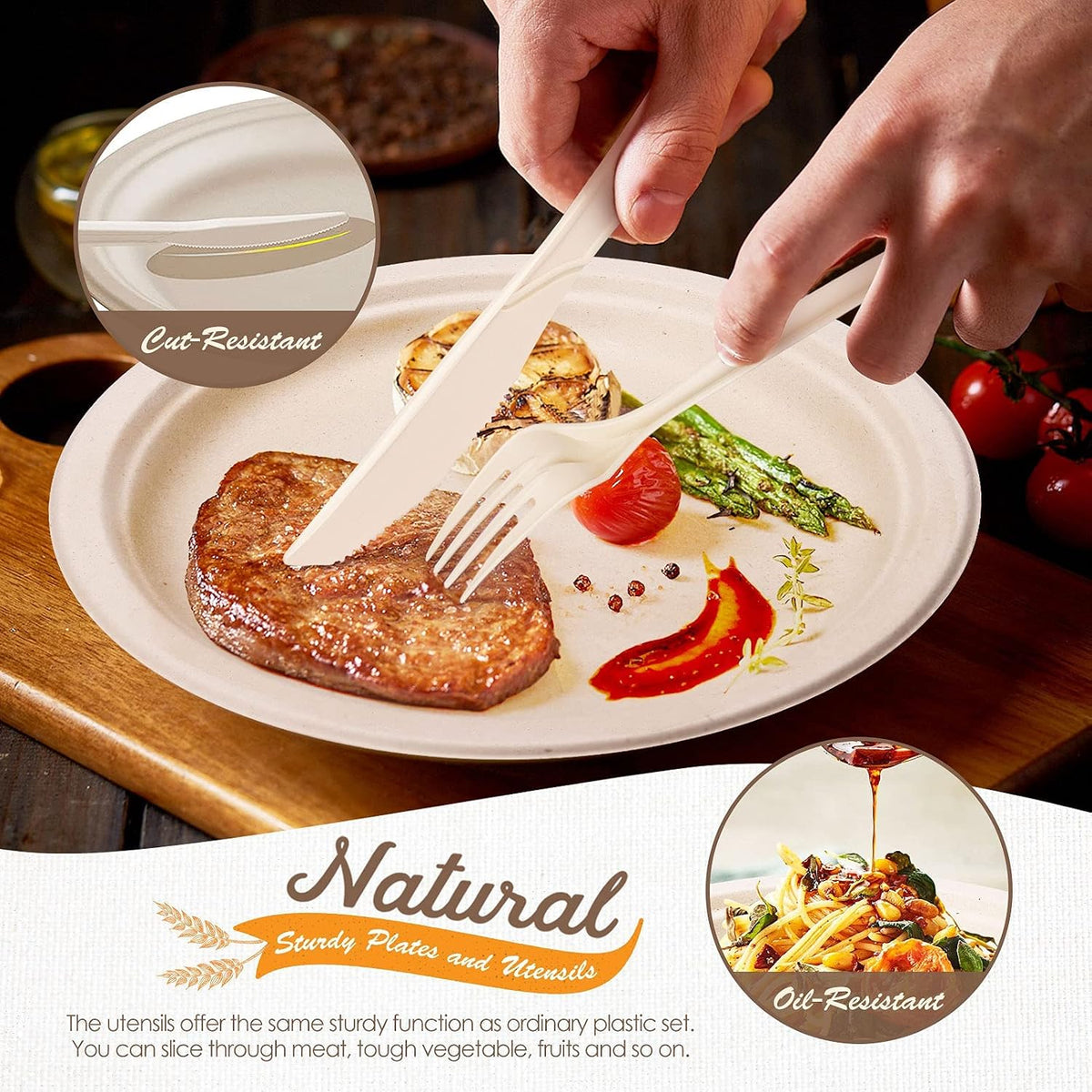 350pcs Compostable Plates Set Heavy-duty Disposable Plates Utensils
