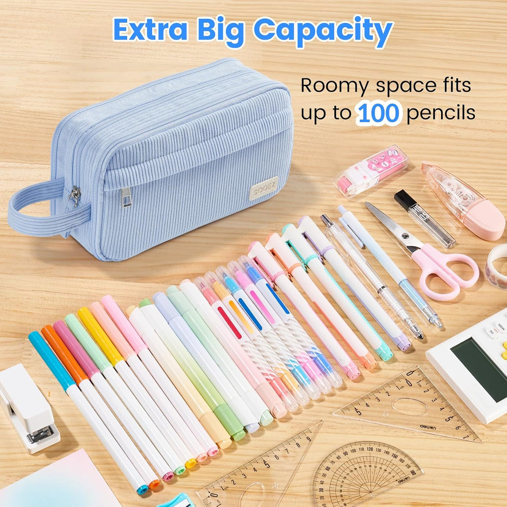 High Capacity Pencil Case, Soft Corduroy Pencil Pouch | Large Pencil Bag with 4 Compartments, Sturdy Zipper, Cute
