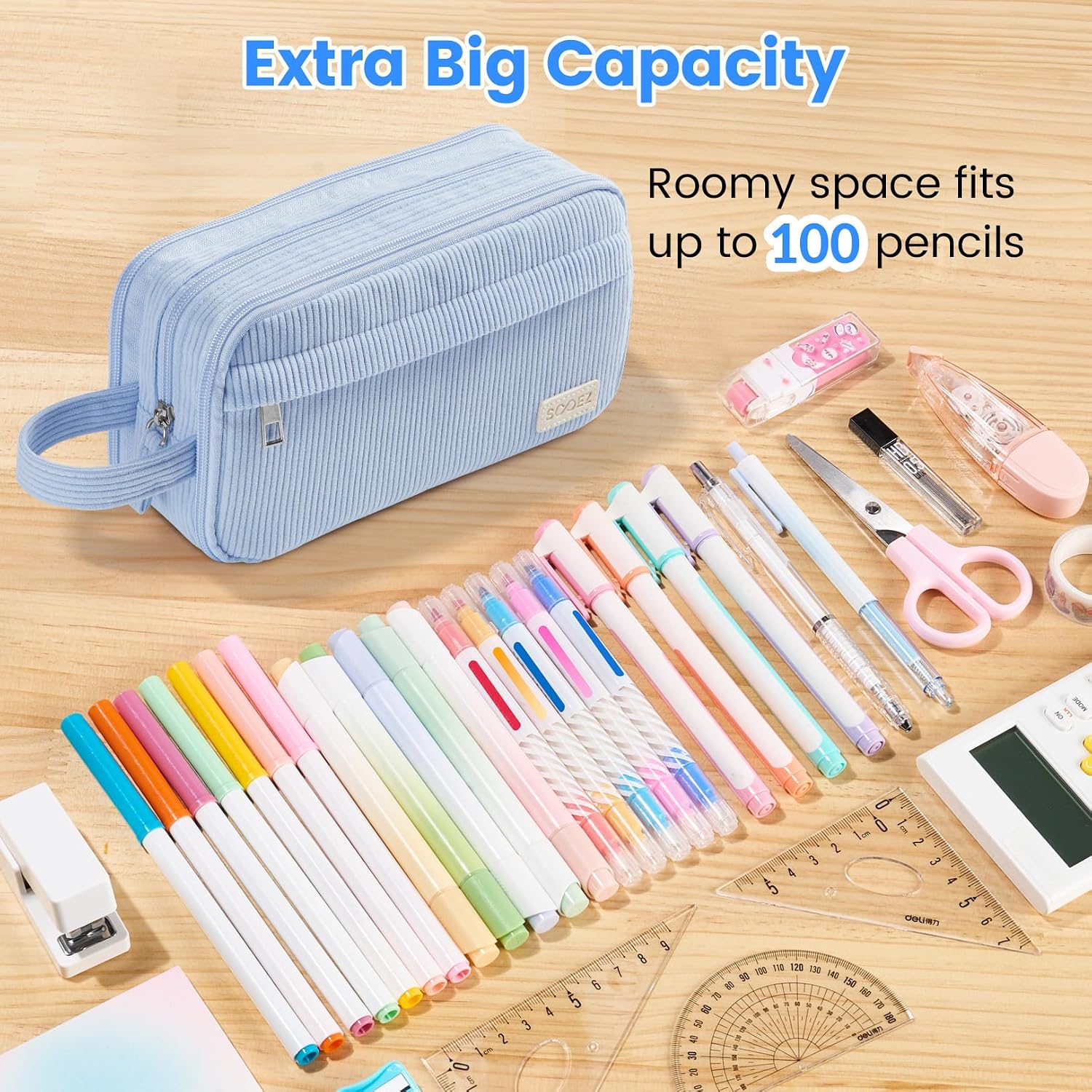 High Capacity Pencil Case, Soft Corduroy Pencil Pouch | Large Pencil Bag with 4 Compartments, Sturdy Zipper, Cute