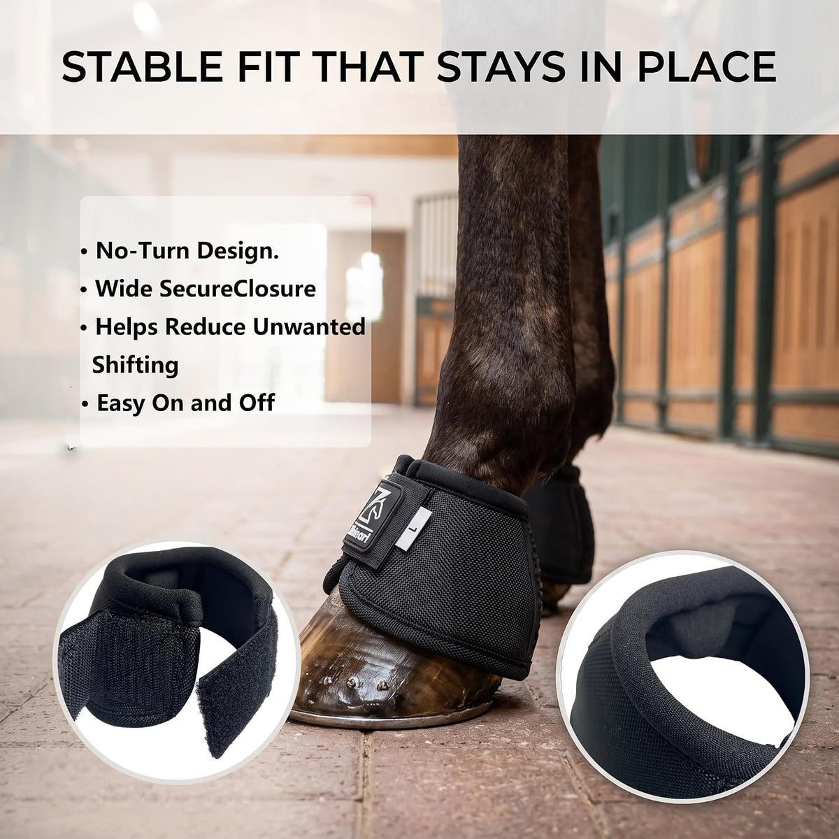 Horse Boots, No-Turn Bell Boots for Horses with Premium Oxford Fabric, Premium Neoprene Cushioning, Reinforced Rubber