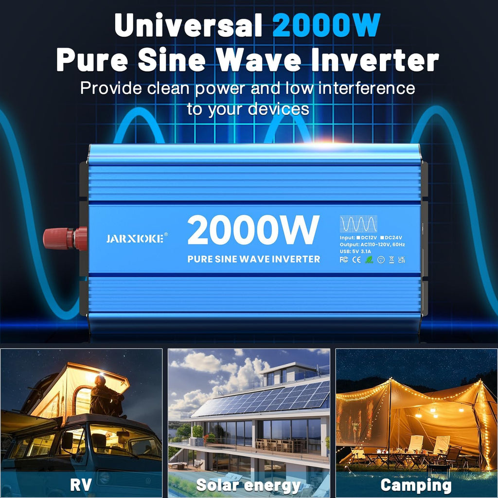 2000 Watt Pure Sine Wave Power Inverter, 12V DC to 110 Vdc to 120 Vdc, for Home, RV and Off-Grid Solar Systems, with
