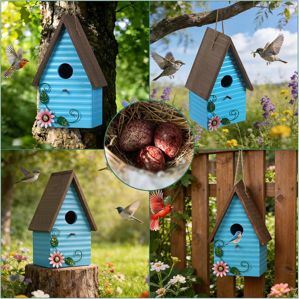 Blue Bird Houses for Outside,Wooden Hanging BirdHouses for Yard