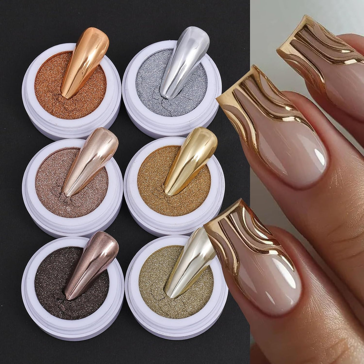 Metallic Chrome Nail Powder Set 6 Colors Magic Brown Copper Mirror Chrome Powder for Nails Holographic Glitter Gold