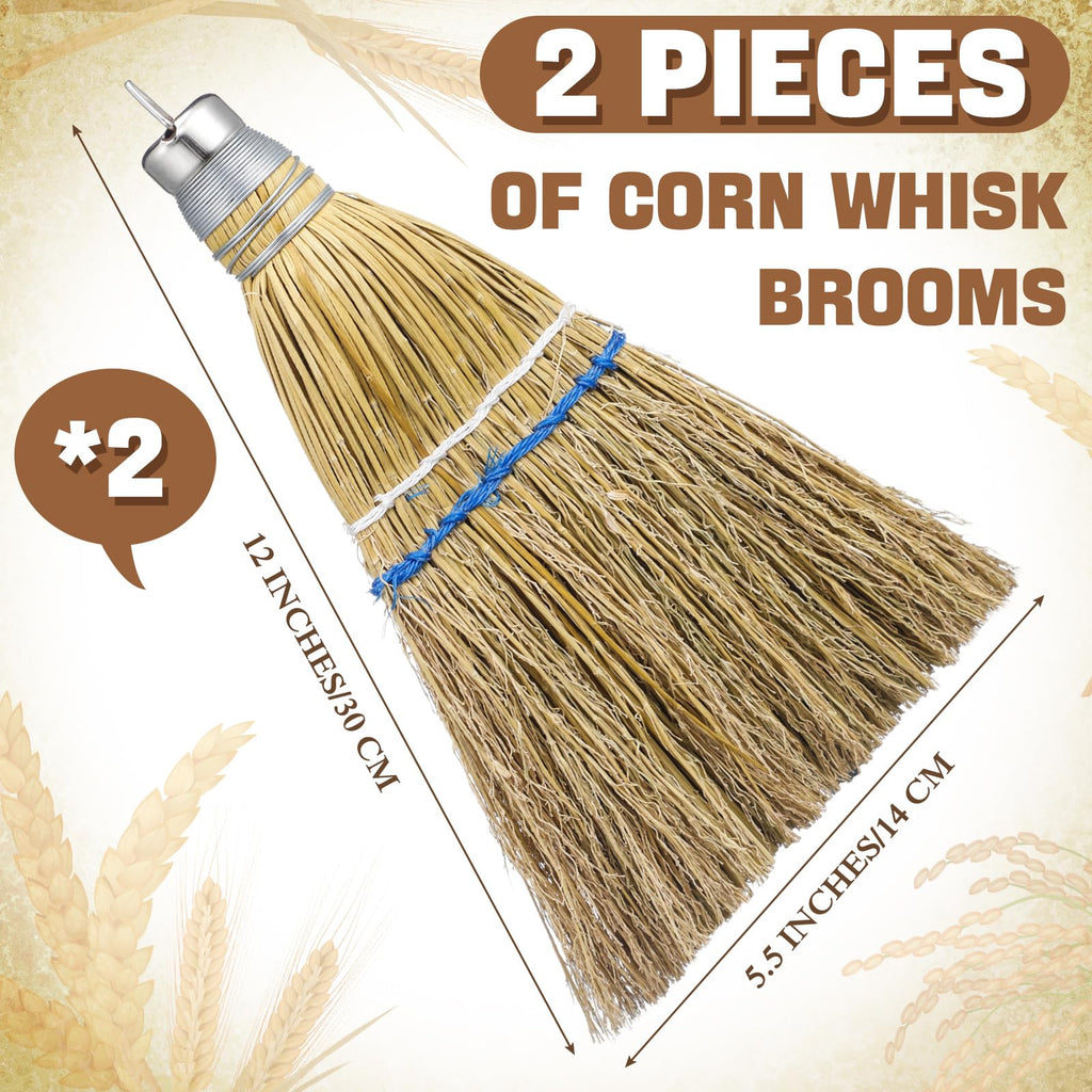 2 Pcs 12" Hand Held Whisk Broom Corn Straw with Metal Hanger