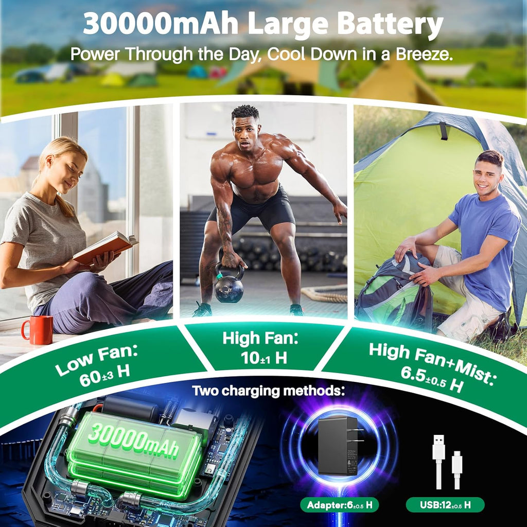 Outdoor Misting Fan for Outside, 5 Gal 12" Pro Portable Mister Fan with Water Box, 30000mAh Rechargeable Cooling Fan