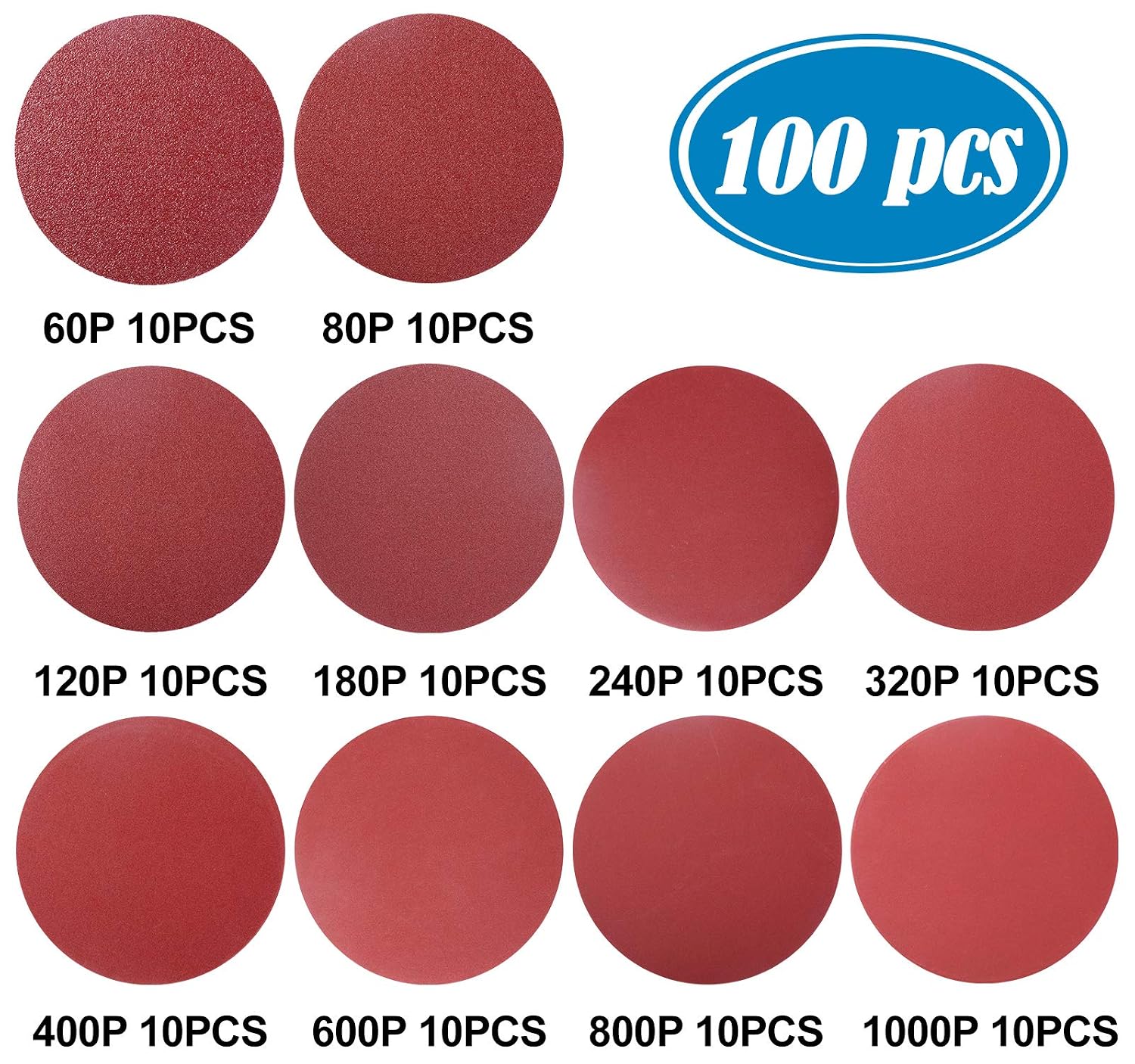 Premium PSA Sanding Discs 6 Inch 100 PCS 60 80 120 180 240 320 400 600 800 1000 Grit Aluminum Oxide Self Stick