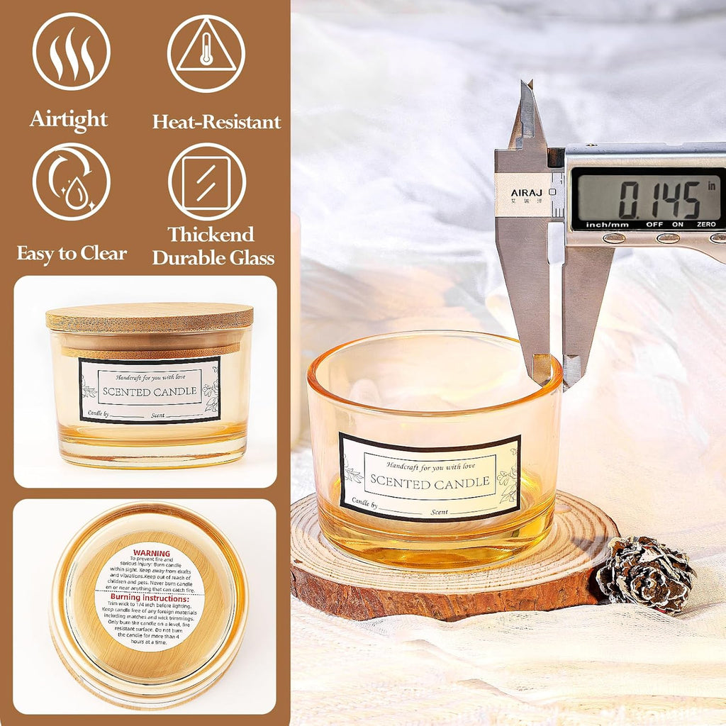 15 Pack 4oz Gold Amber Glass Candle Jars with Airtight Bamboo Lids | Thick Glass, Bulk Small Wide Mouth Candle