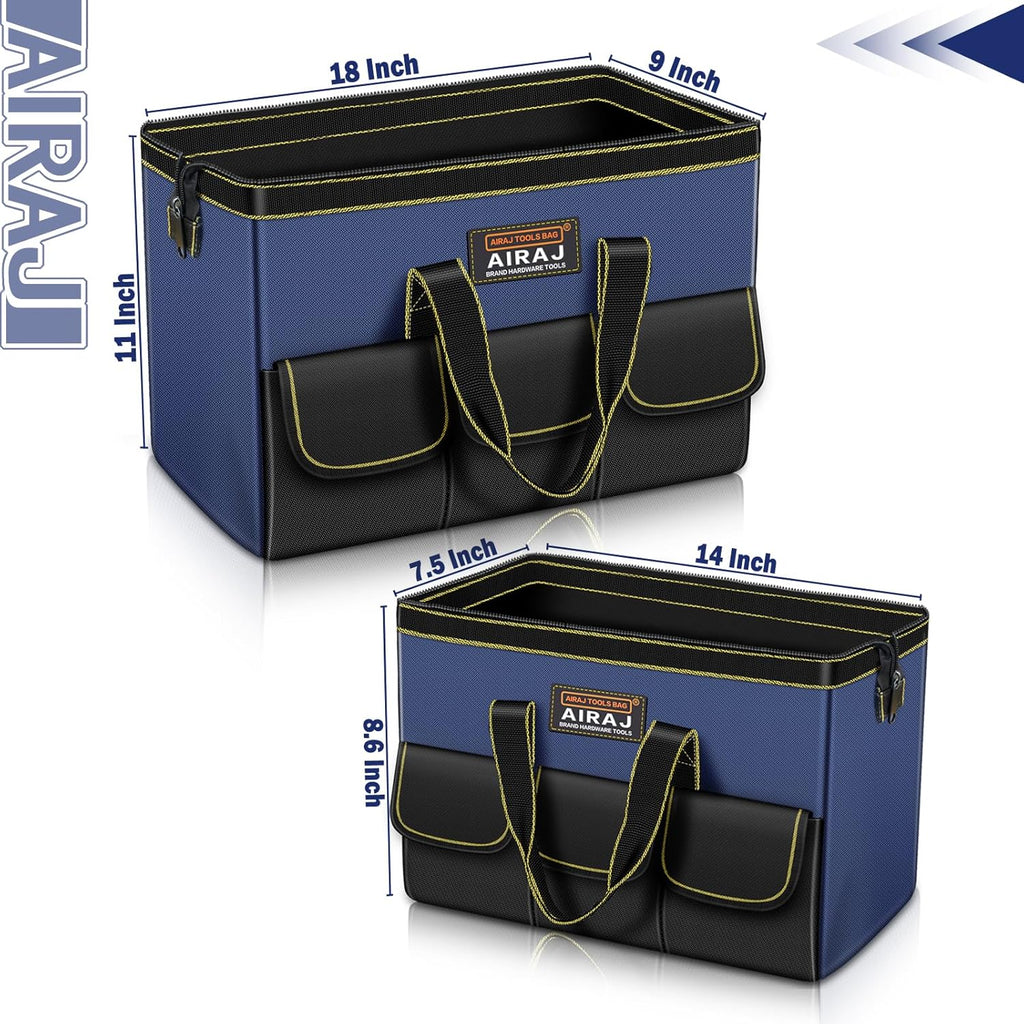 Tool Bag 2-Pack Set | AIRAJ 18" & 14" Portable Tool Storage Bag | Wide Mouth Tool Bags for Men and Women | Small Tool
