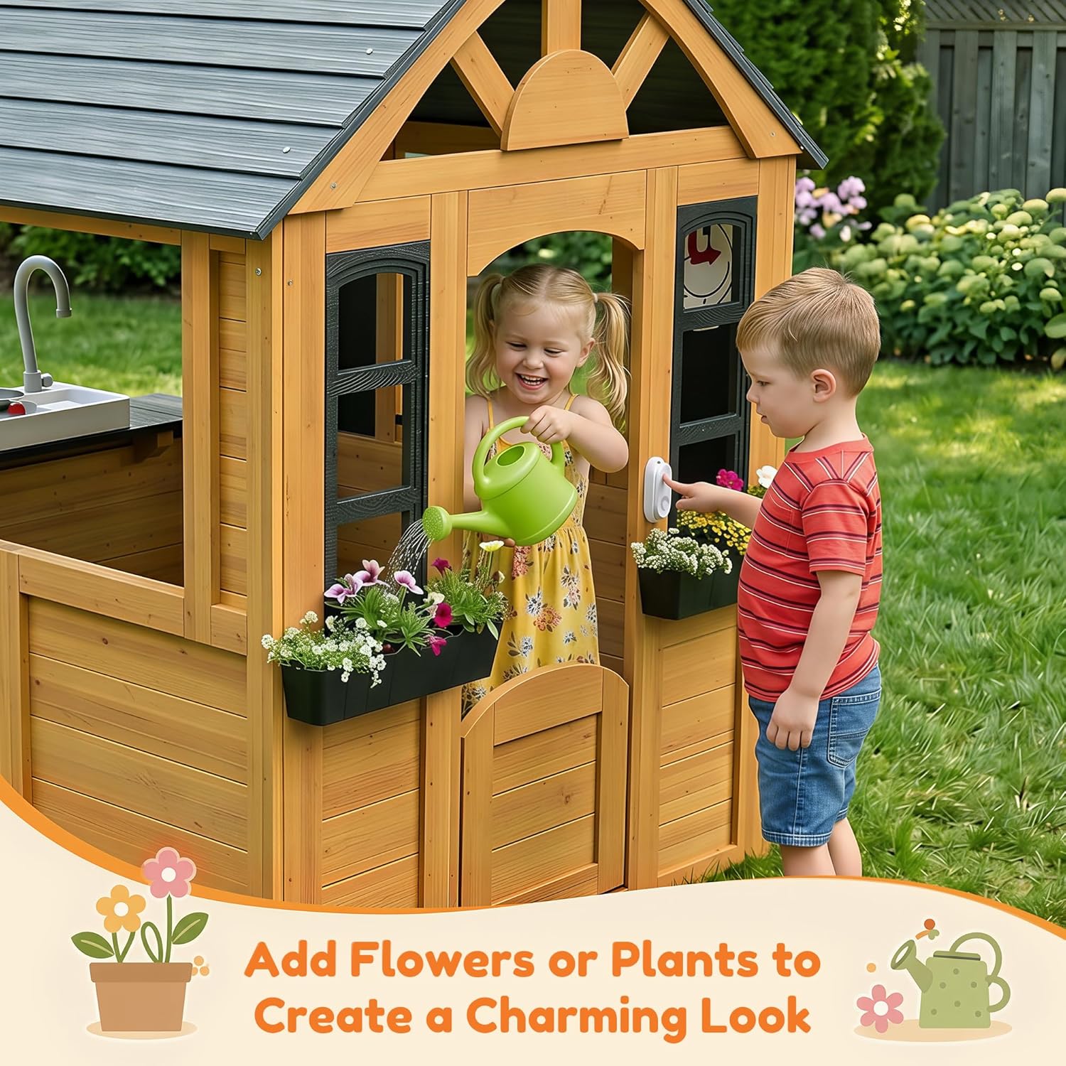 Kids Outdoor Playhouse Wood Play House Pretend PlayGames for Toddlers Ages 3-8 with Play Kitchen,Snack Bar,Pet