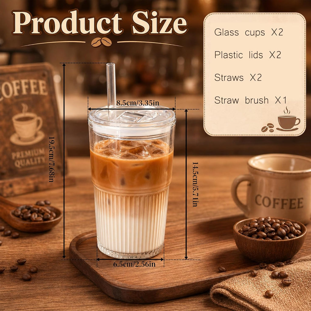 Ribbed Glass Cups with Lids and Straws (2 Pack), 16oz Iced Coffee Glass Tumbler, Leak Proof Coffee Cup To Go