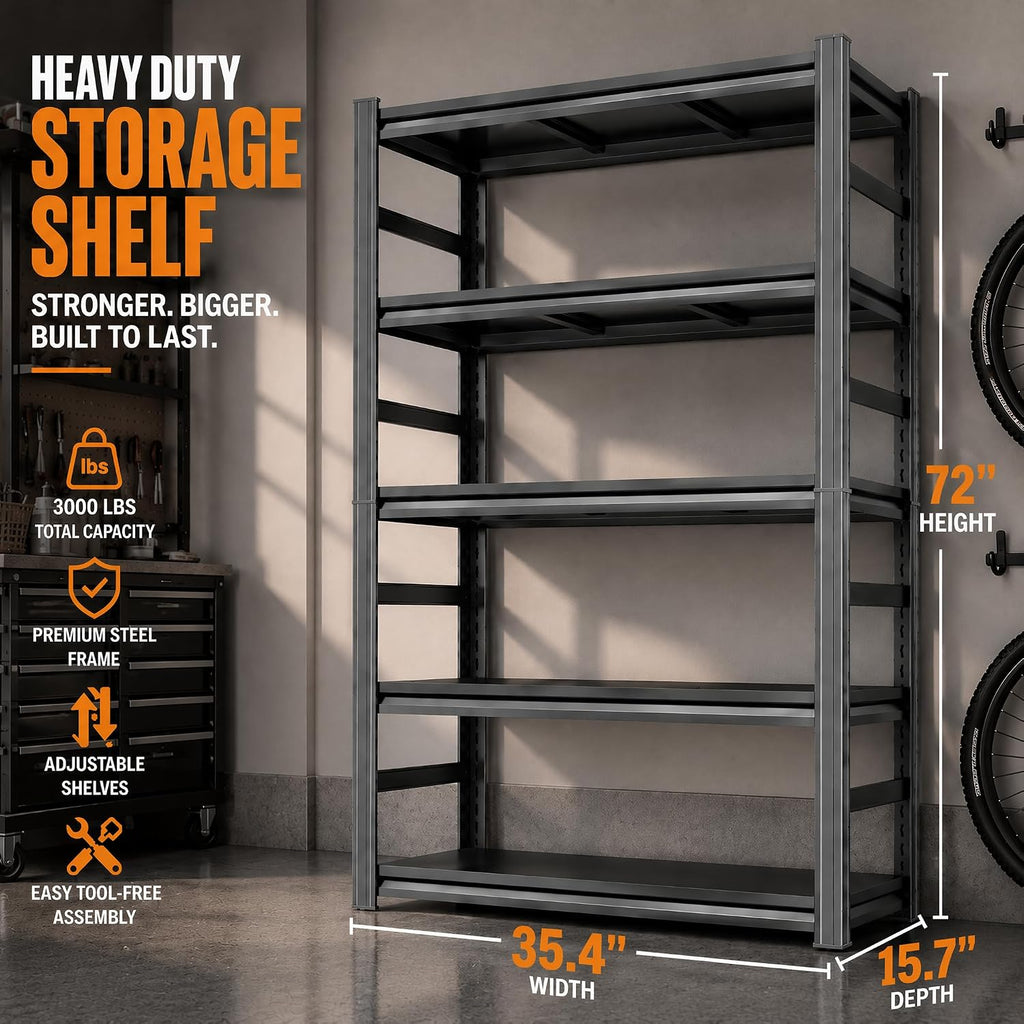 Garage Shelving Storage Shelves 3000LBS Heavy Duty Metal Shelving Unit 5 Tier Adjustable Shelf for Kitchen Warehouse