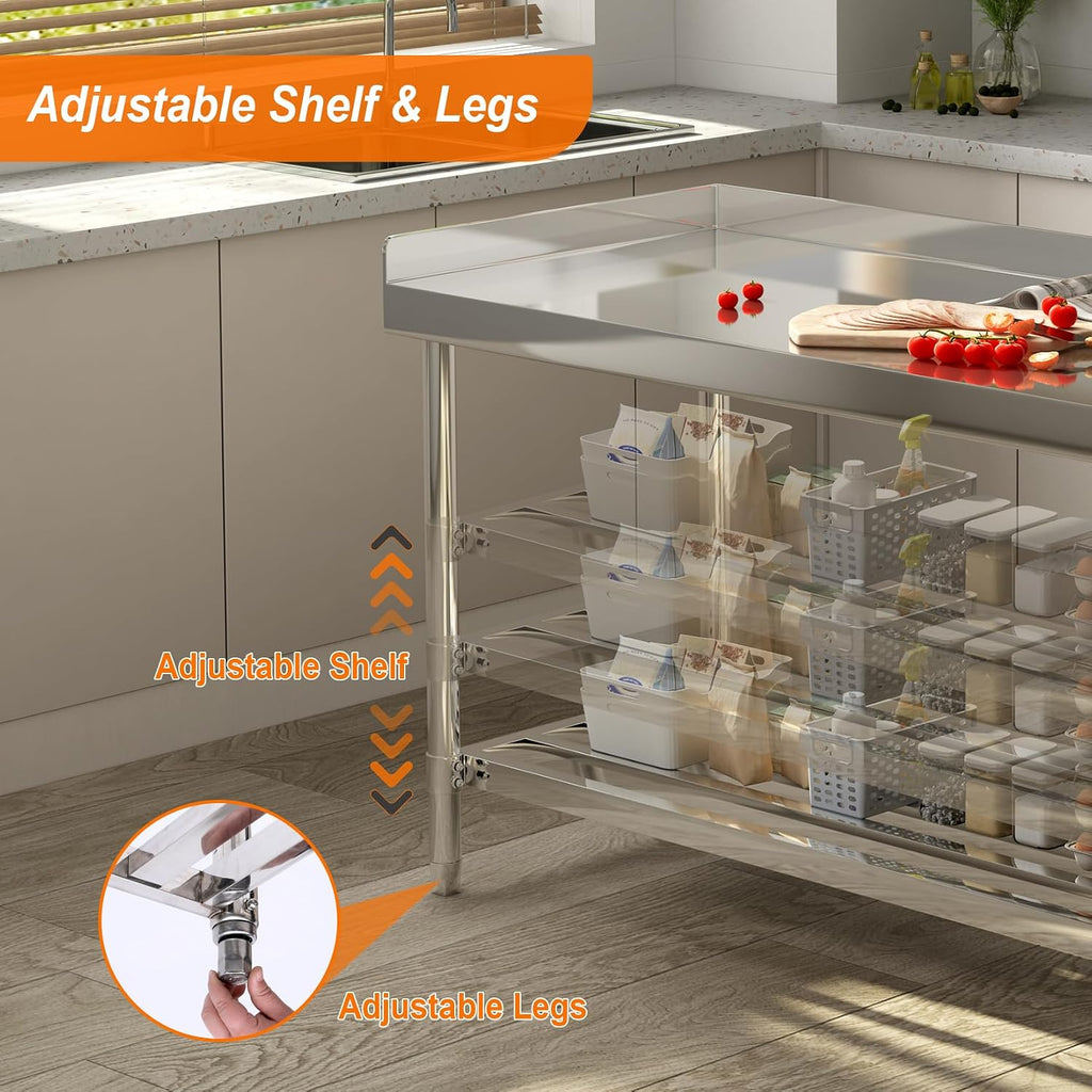 Heavy Duty Stainless Steel Office Work Table with Three-Sided Backsplash – Adjustable Undershelf, Commercial Prep
