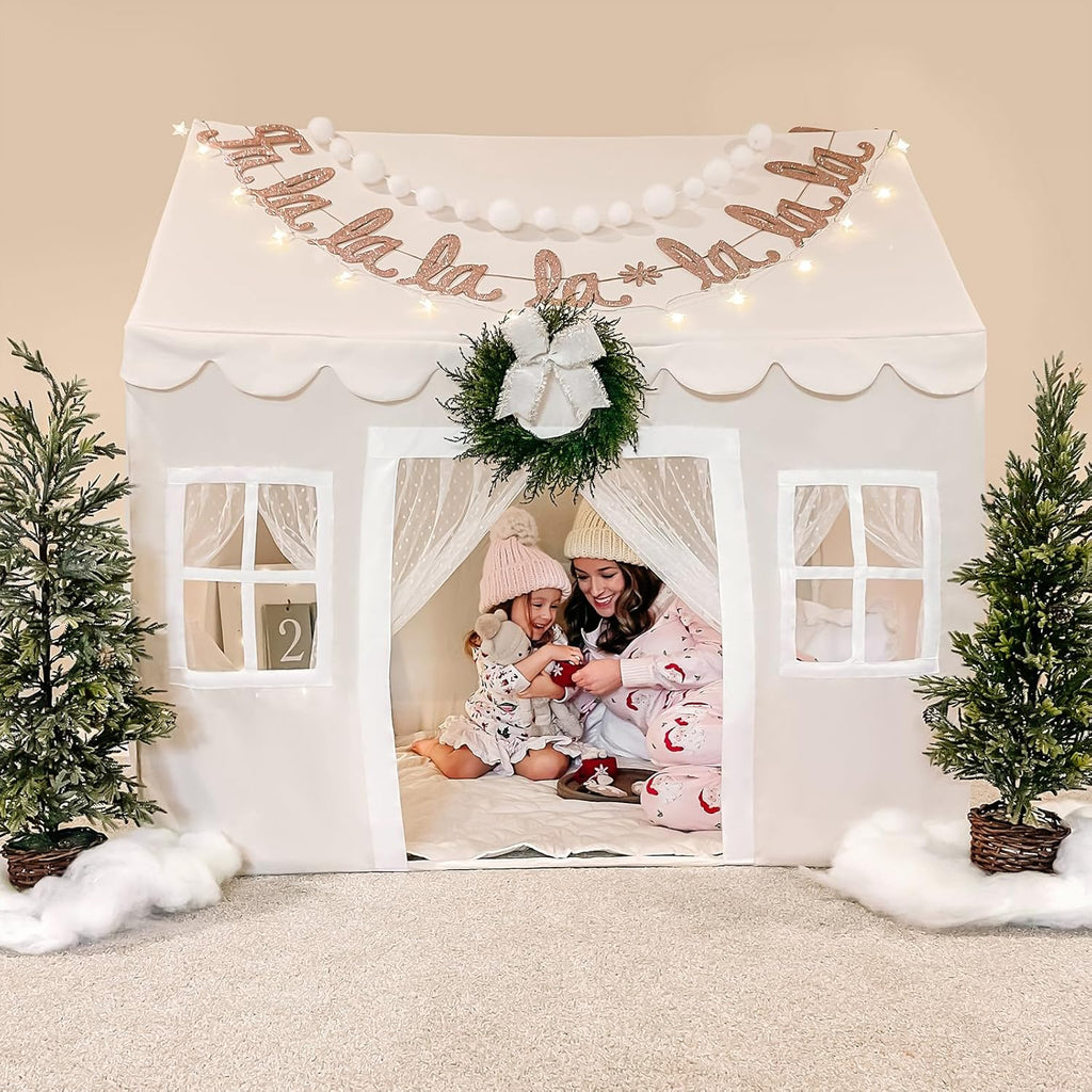 Play Tent with Padded Mat & LED Lights, 2-in-1 Foldable Kids Couch with Pockets