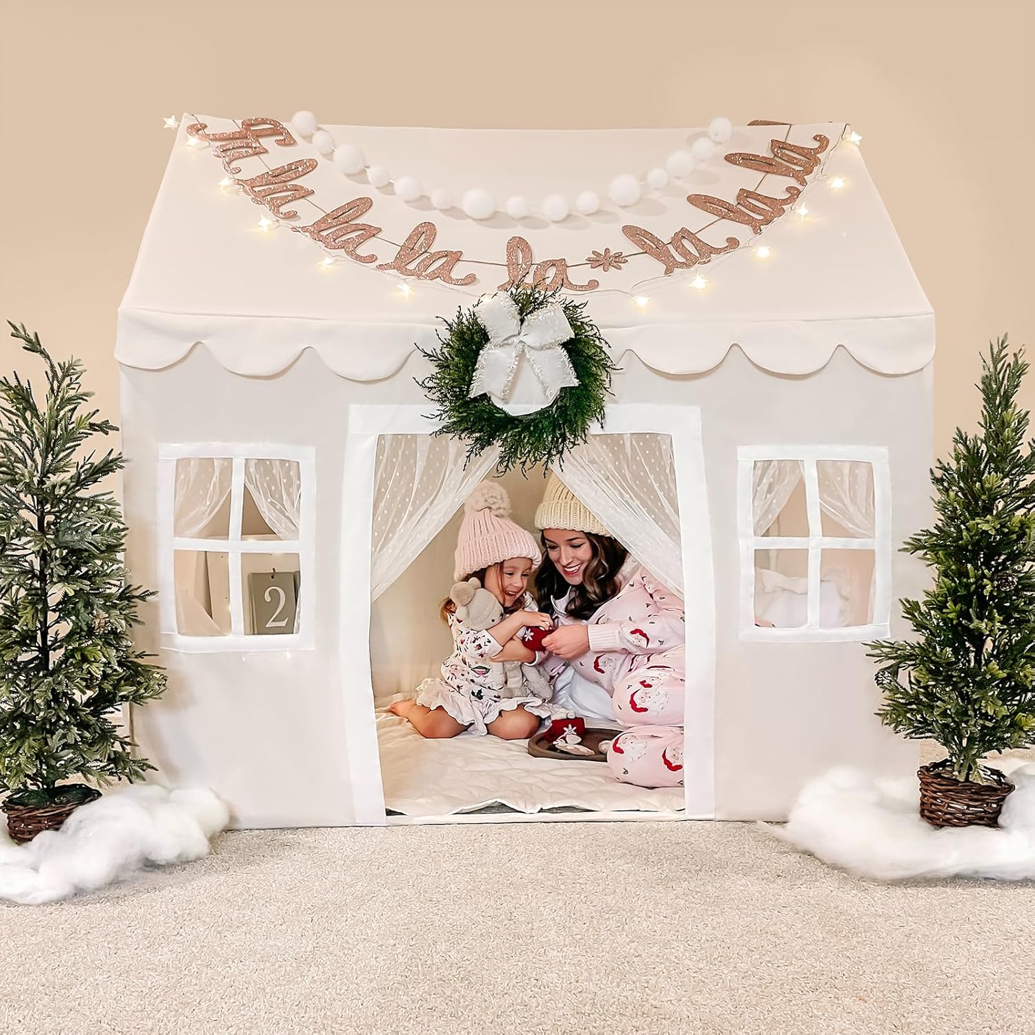 Play Tent with Padded Mat & LED Lights, 2-in-1 Foldable Kids Couch with Pockets